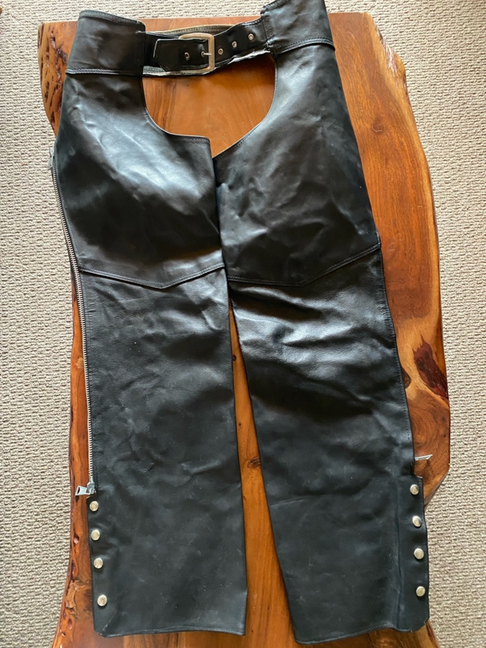Vintage Black Leather Motorcycle Chaps with Belt